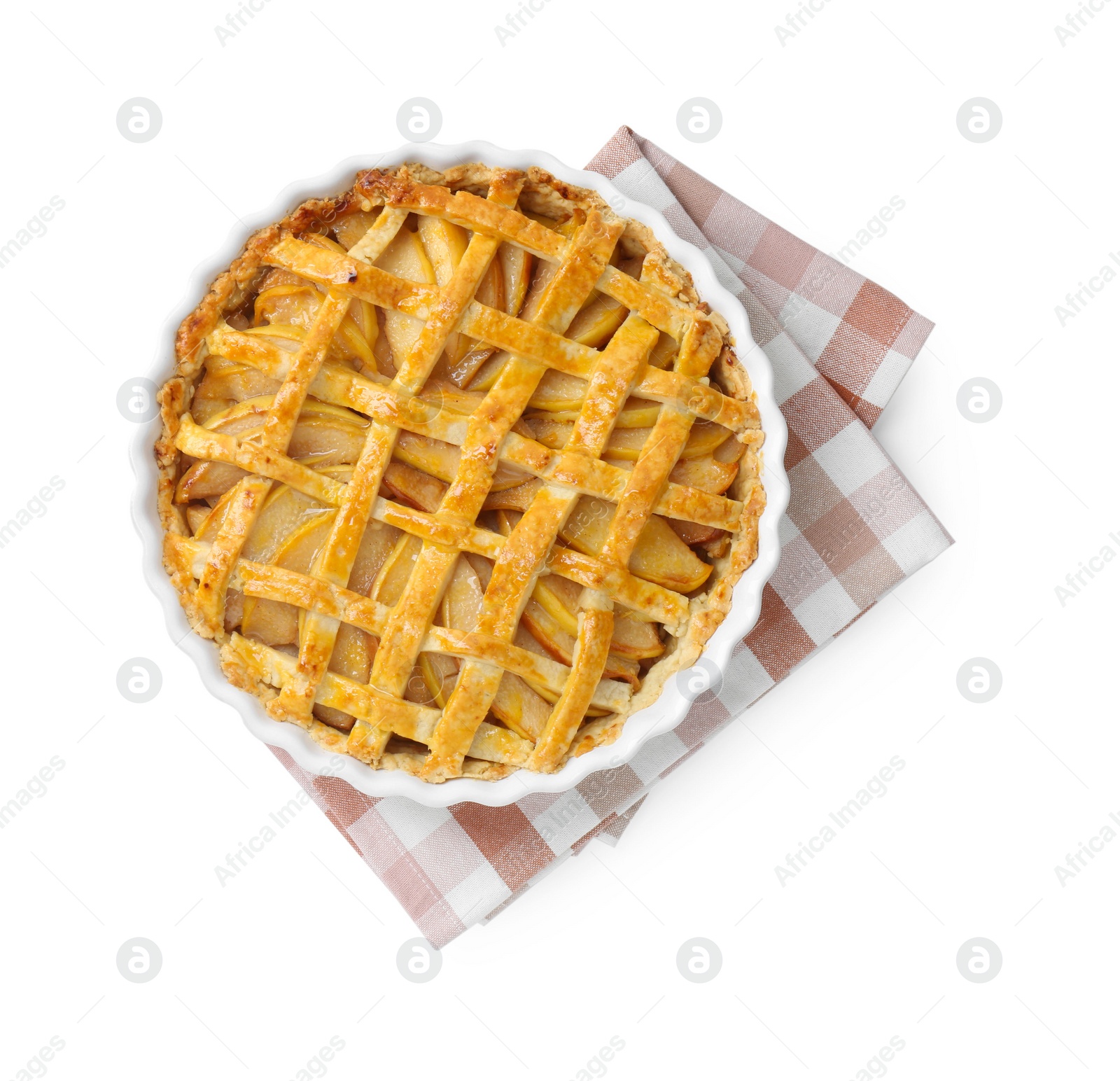 Photo of Tasty homemade quince pie isolated on white, top view