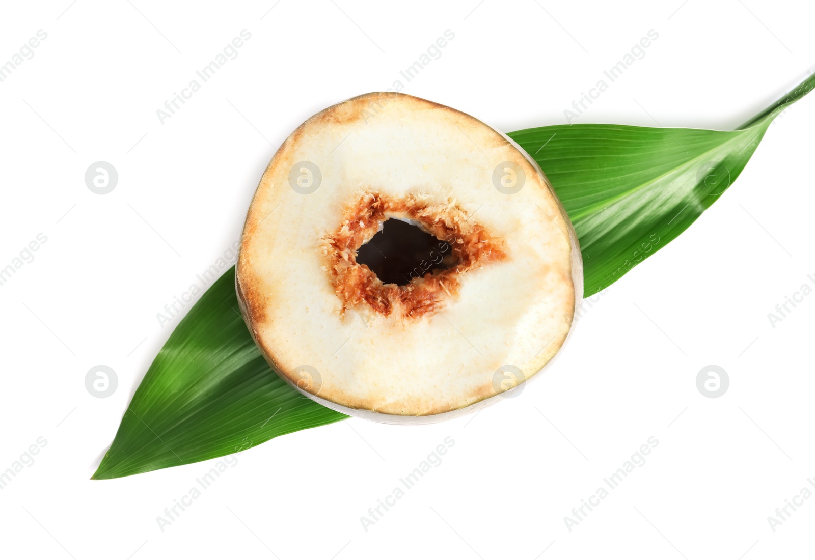 Photo of Fresh green coconut with leaf on white background