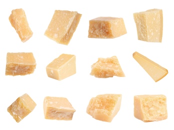 Image of Set with pieces of delicious parmesan cheese on white background