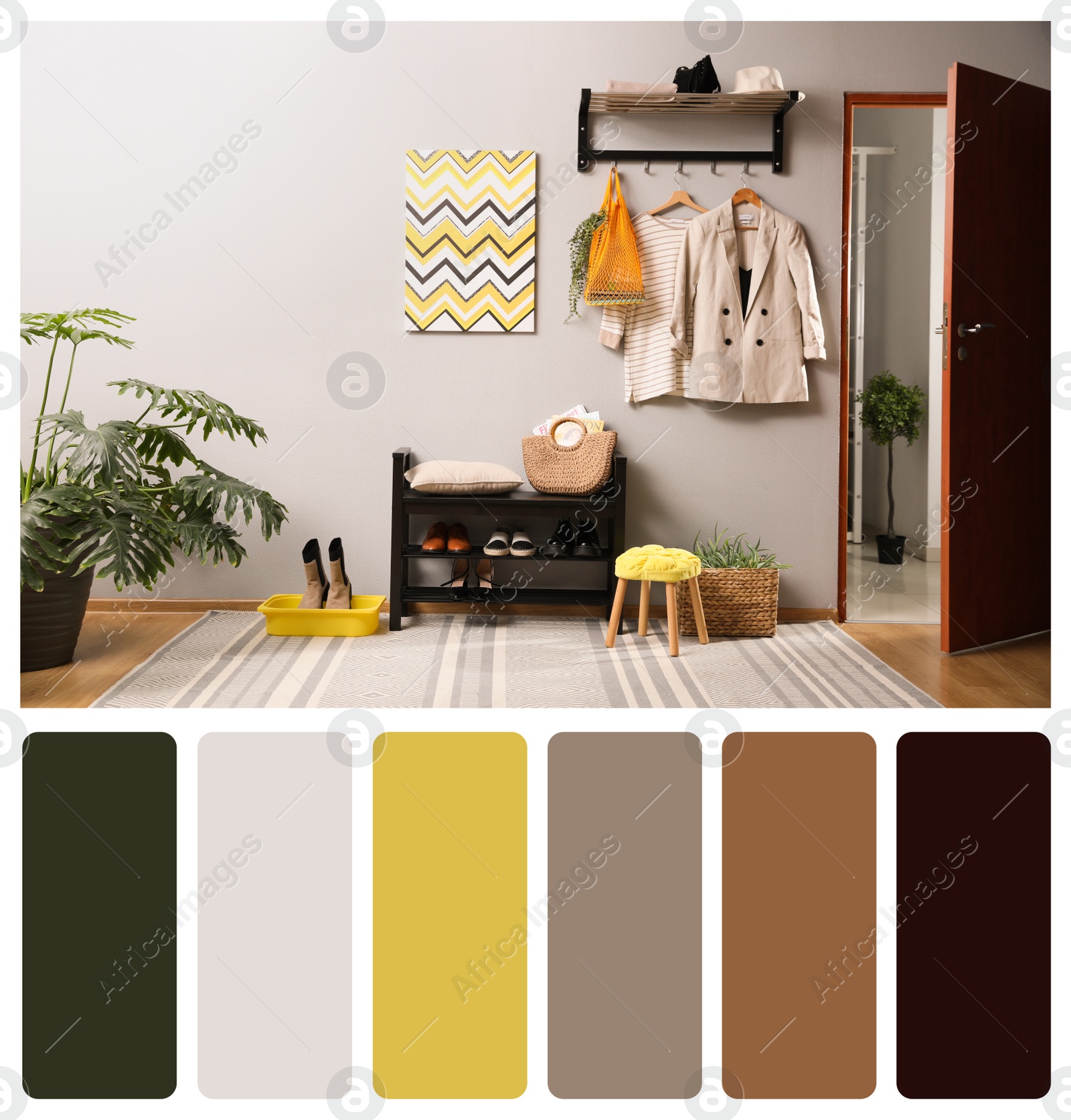 Image of Color palette and photo of hallway interior. Collage