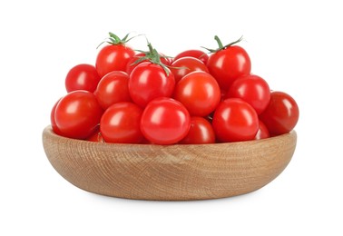 Photo of Wooden bowl with fresh ripe cherry tomatoes isolated on white