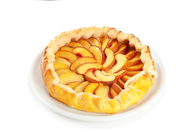 Delicious fresh peach pie isolated on white