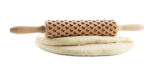 Photo of Raw dough and rolling pin isolated on white