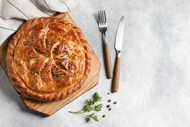 Photo of Tasty homemade pie served on light grey table, flat lay. Space for text
