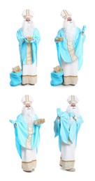 Collage with photos of Saint Nicholas on white background 