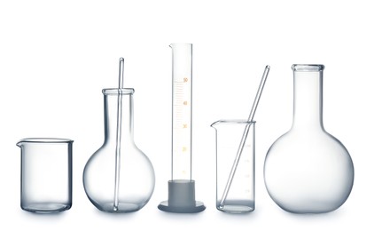 Photo of Empty clean laboratory glassware on white background