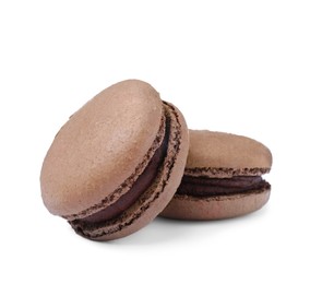 Photo of Chocolate macarons on white background. Delicious dessert