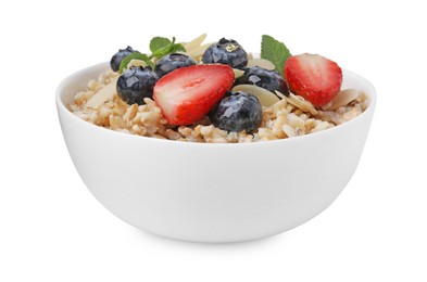 Photo of Tasty oatmeal with strawberries, blueberries and almond flakes in bowl isolated on white