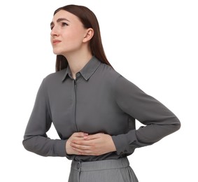 Photo of Woman suffering from stomach pain on white background