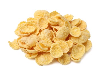 Photo of Breakfast cereal. Tasty sweet corn flakes isolated on white
