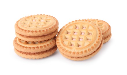 Photo of Tasty sandwich cookies with cream isolated on white