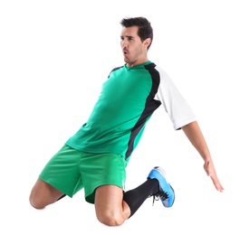 Photo of Young football player celebrating scoring of goal on white background