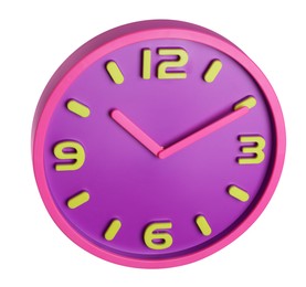 Photo of Bright round clock isolated on white. Interior element