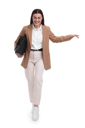 Photo of Beautiful businesswoman with briefcase walking on white background