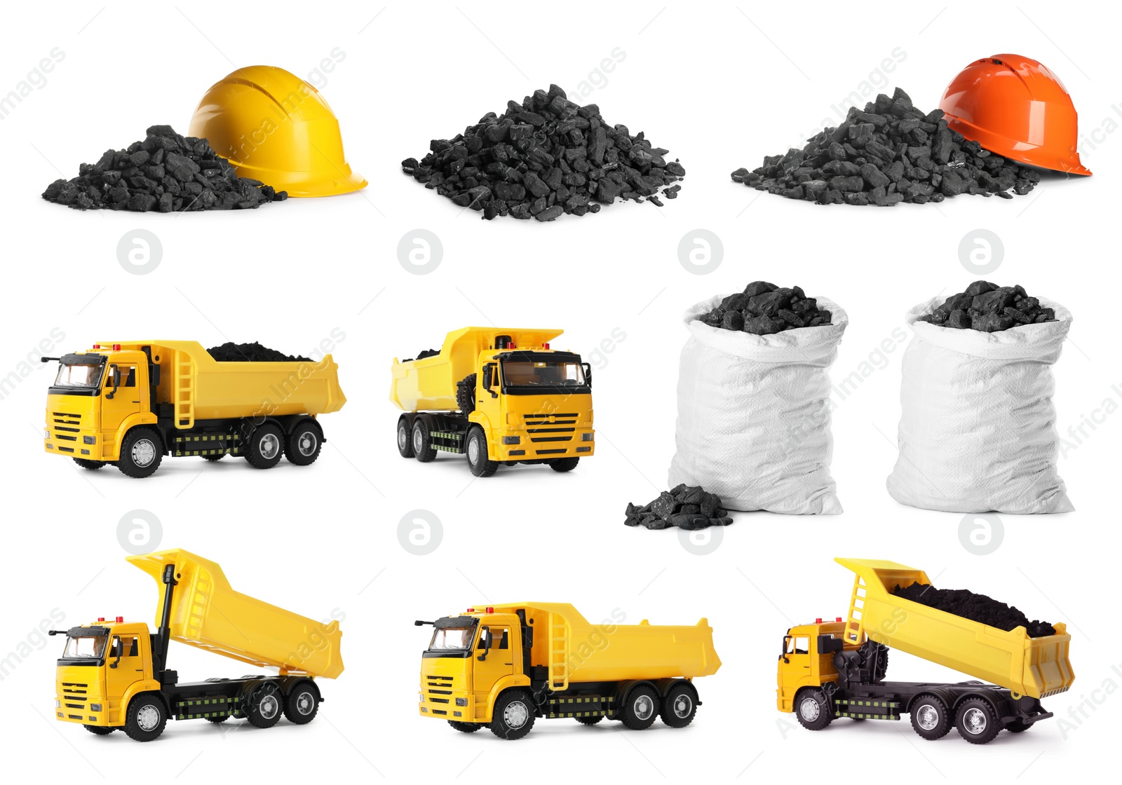 Image of Collage with coal, toy trucks, bags and hard hats on white background