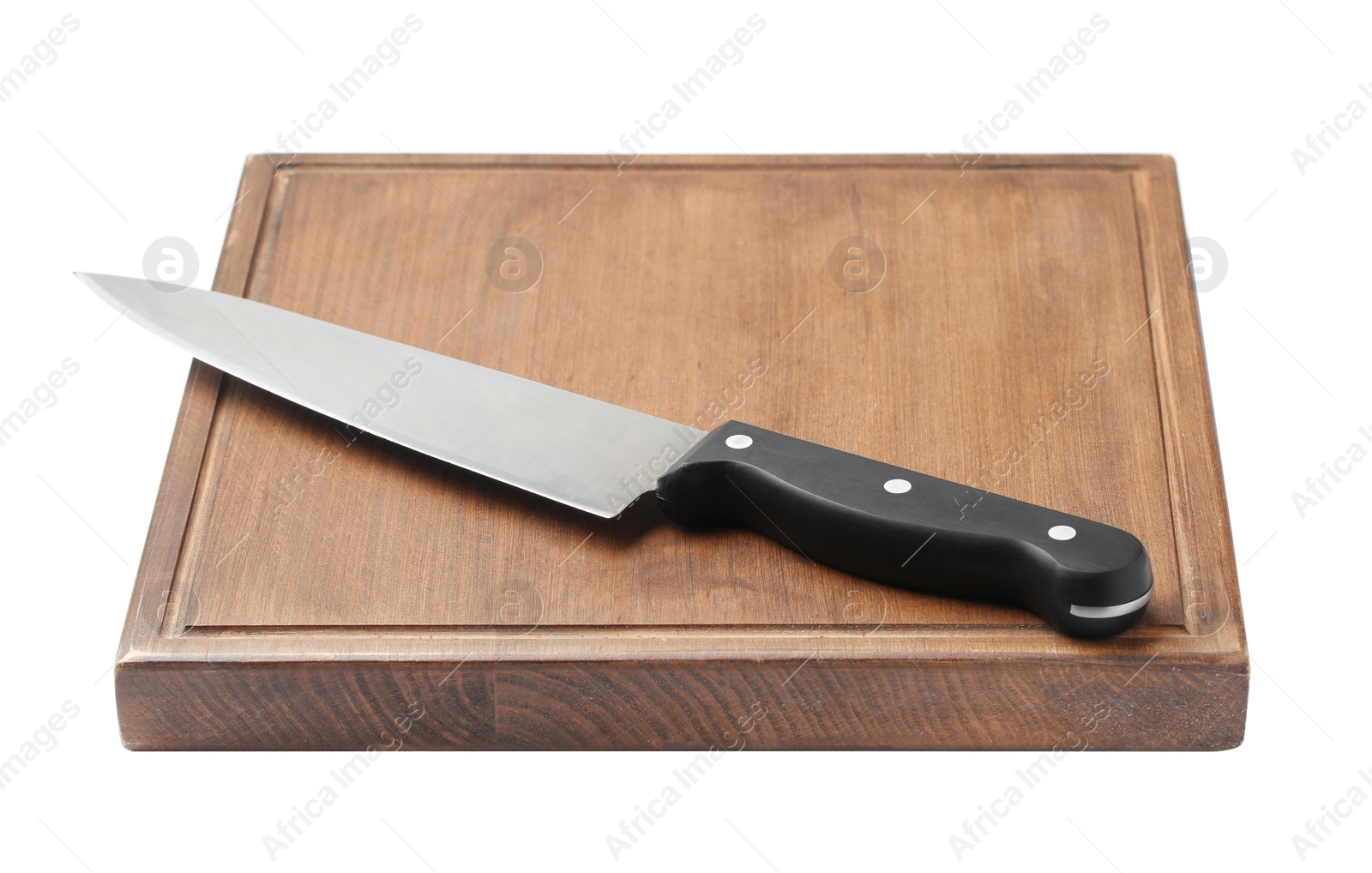 Photo of Chef's knife and wooden board isolated on white