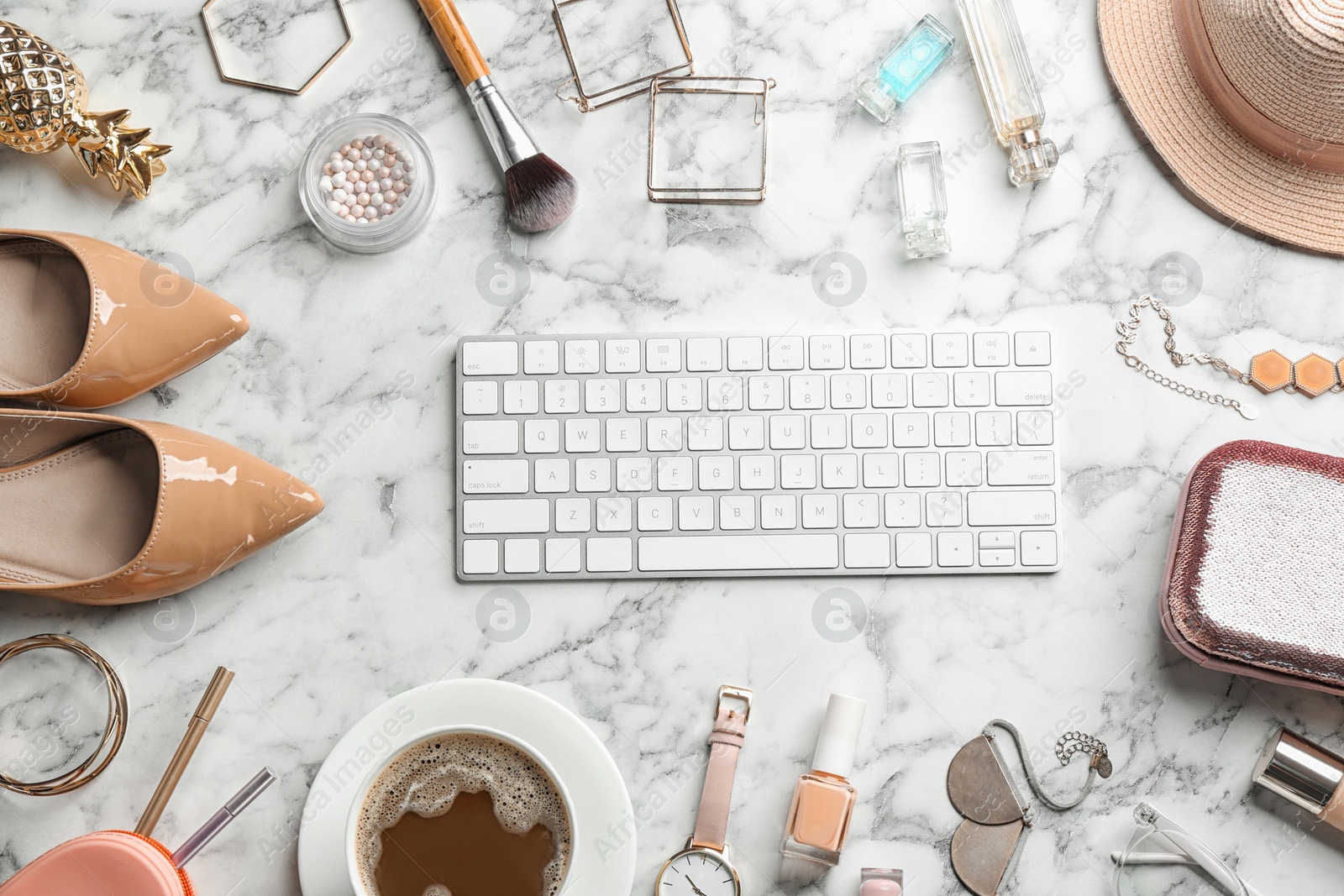 Photo of Flat lay composition with keyboard and blogger's stuff on marble background