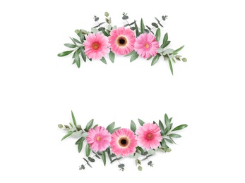 Image of Wreaths made of beautiful flowers on white background