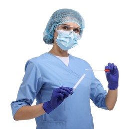 Photo of Laboratory testing. Doctor with cotton swab and tube on white background