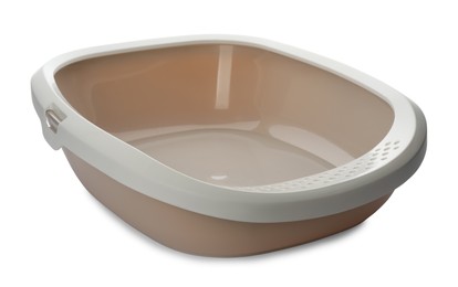 Photo of Beige cat litter tray isolated on white