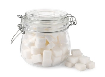 Photo of Glass jar and refined sugar cubes on white background