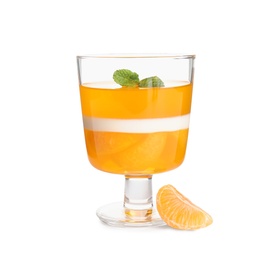 Photo of Delicious tangerine jelly with mint on white background