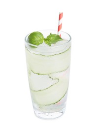 Photo of Refreshing cucumber water with basil in glass isolated on white
