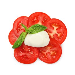 Photo of Delicious mozzarella ball, tomatoes and basil isolated on white, top view. Cooking Caprese salad