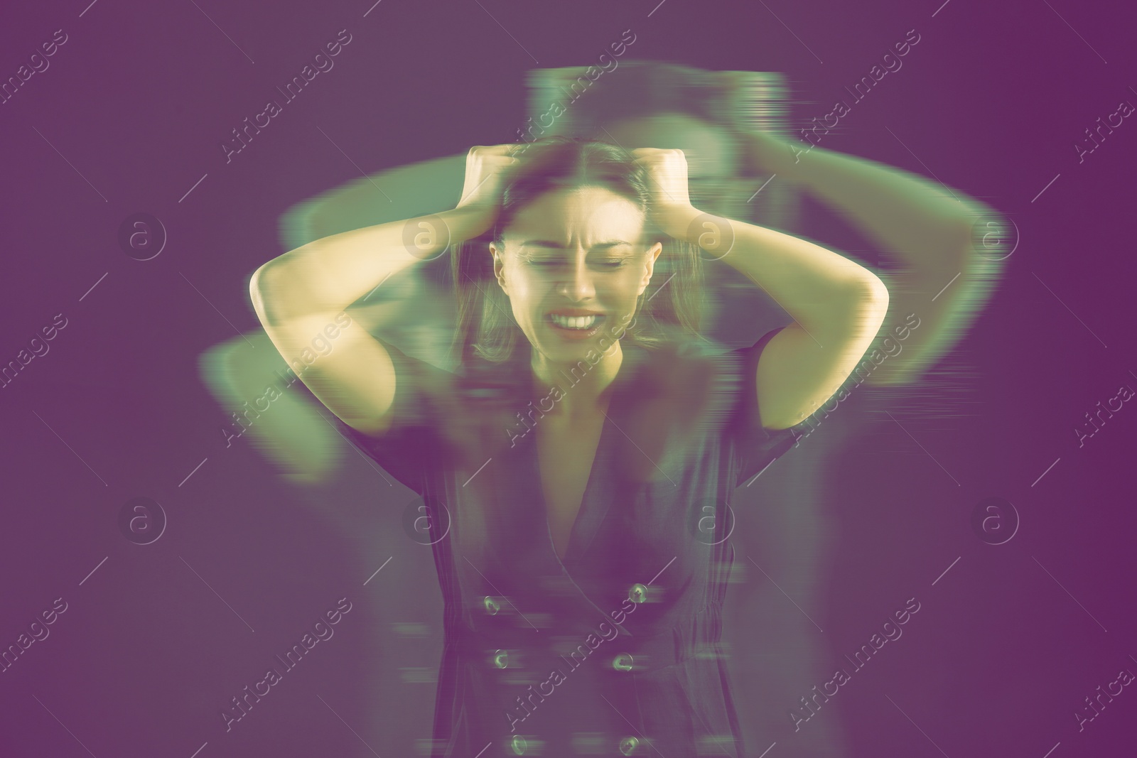 Image of Woman suffering from paranoia on purple background, glitch effect