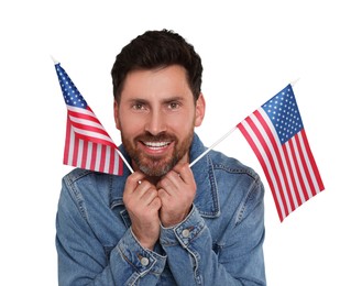 Image of 4th of July - Independence day of America. Happy man holding national flags of United States on white background
