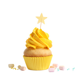 Photo of Delicious birthday cupcake with buttercream isolated on white