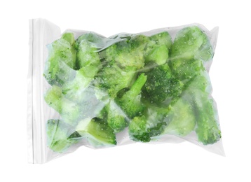 Photo of Plastic bag with frozen broccoli on white background, top view. Vegetable preservation
