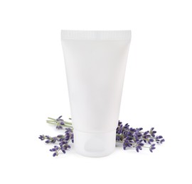 Tube of hand cream and lavender on white isolated