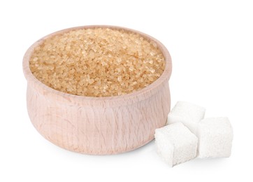 Photo of Different types of sugar and bowl isolated on white