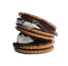 Photo of Delicious marshmallow sandwiches with crackers and chocolate isolated on white