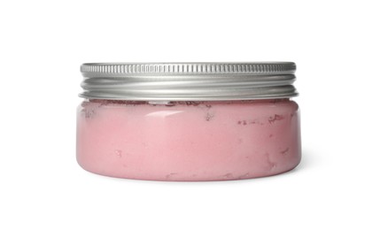 Photo of Body scrub in jar isolated on white
