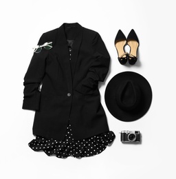 Photo of Flat lay composition with stylish black dress on white background