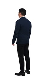 Photo of Businessman in suit posing on white background, back view