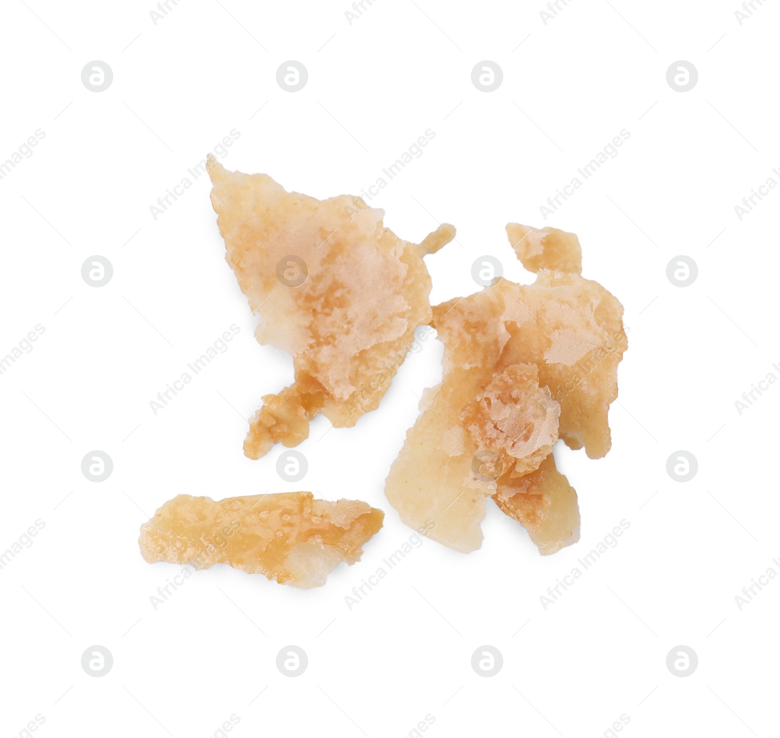 Photo of Crumbles of delicious fresh puff pastry isolated on white, top view