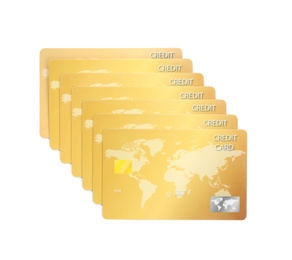 Photo of Golden plastic credit cards on white background