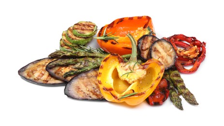 Photo of Different delicious grilled vegetables isolated on white