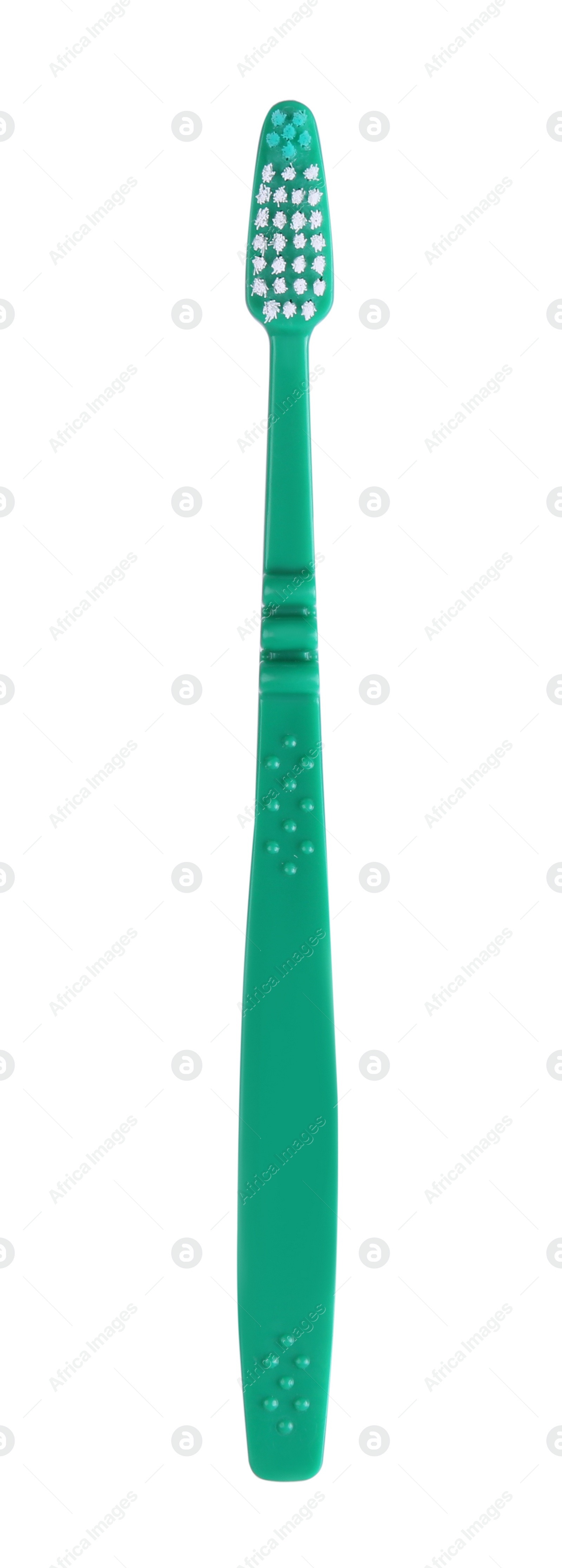 Photo of Green plastic toothbrush isolated on white. Dental care