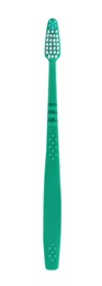 Photo of Green plastic toothbrush isolated on white. Dental care
