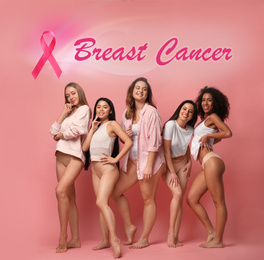 Image of Breast cancer awareness. Group of women in underwear on pink background