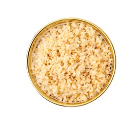 Cooked bulgur in bowl isolated on white, top view