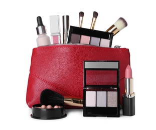 Photo of Different luxury decorative cosmetics, brushes and case on white background