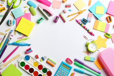 Photo of Frame made of school stationery on white background, flat lay with space for text. Back to school