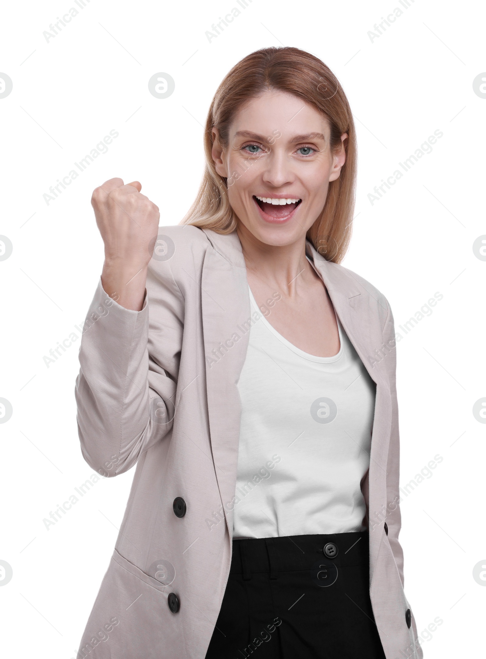 Photo of Portrait of beautiful excited businesswoman on white background