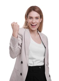 Photo of Portraitbeautiful excited businesswoman on white background