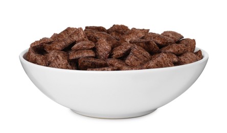 Photo of Chocolate cereal pads in bowl isolated on white